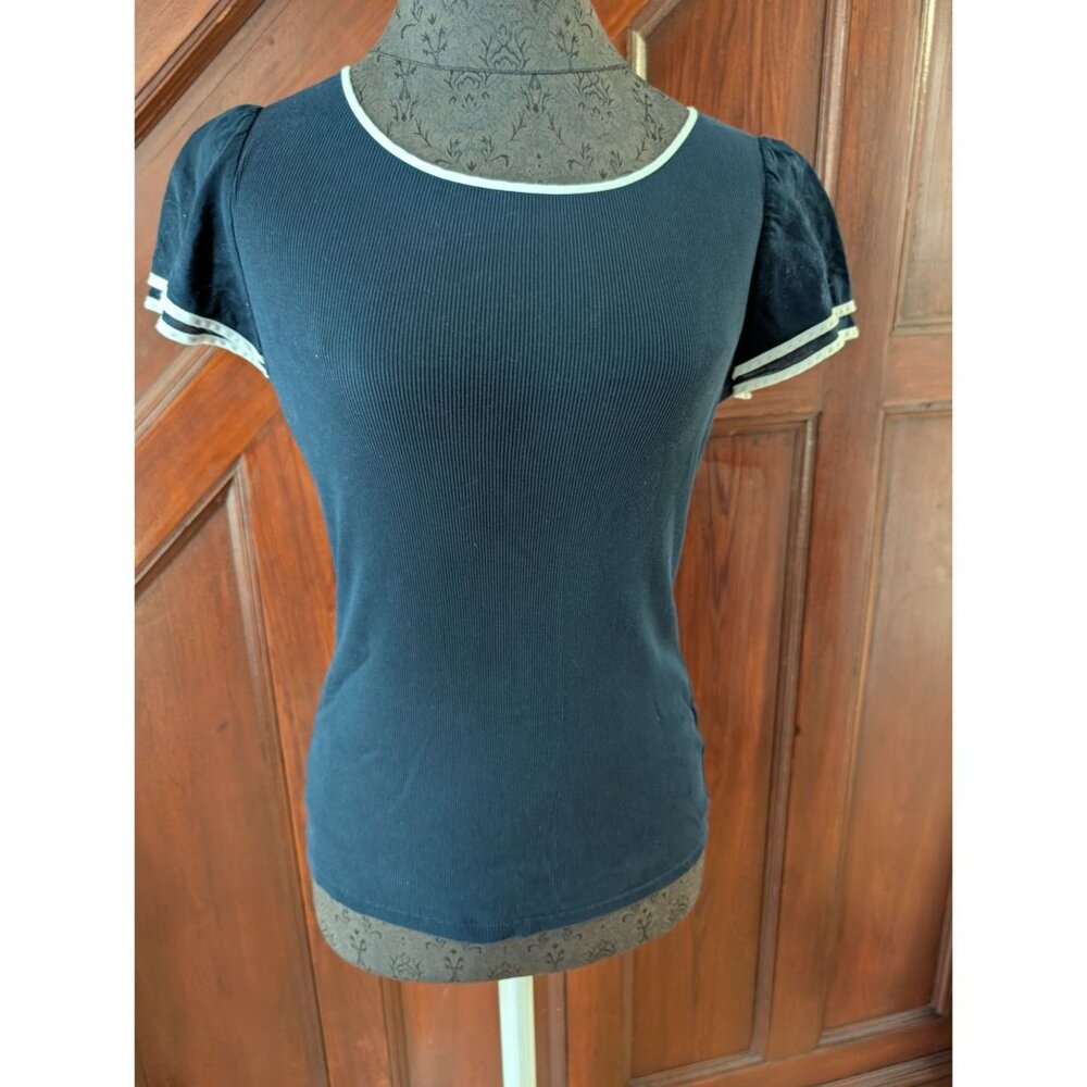 Lauren Ralph Lauren Navy Puff Sleeve Ribbed Knit Top Size M